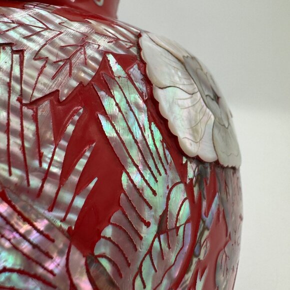 Vntg. Cloisonné Mother of Pearl inlay Red Enamel on Brass VASE 11” tall Large si - Picture 6 of 14